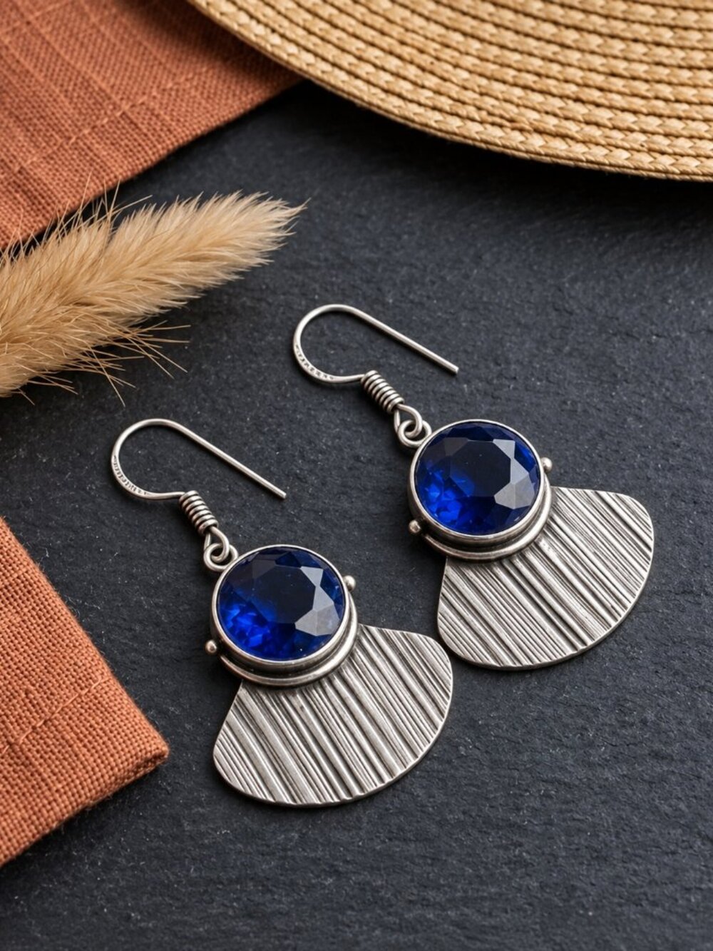 Silver Drop Earrings Blue Crystal 925 Sterling Textured Fan Artisan Boho 1.8" - Picture 3 of 17